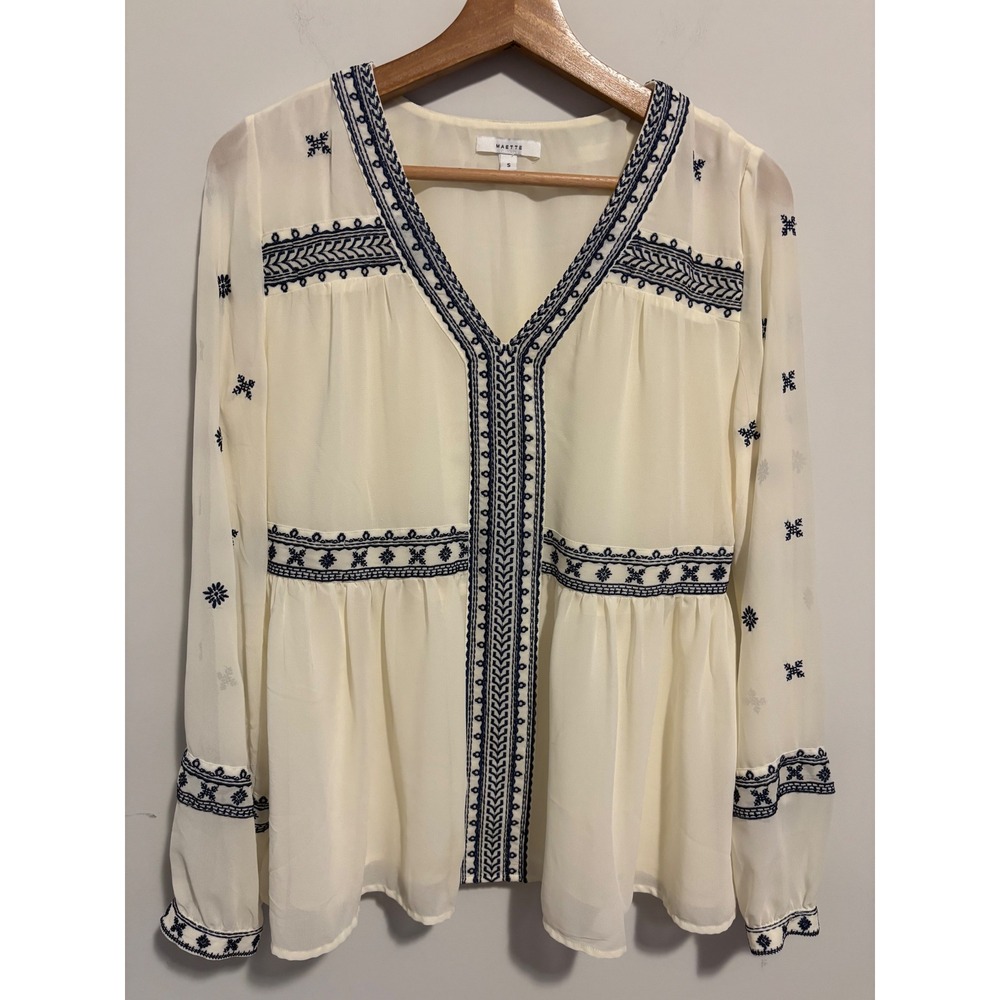 Maette Stella & Dot Embroidered Peasant Blouse Cream Navy Blue V-Neck Top Small